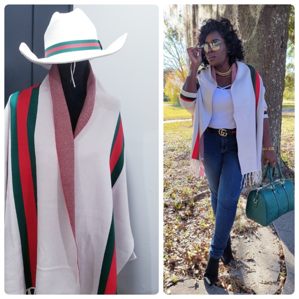 Ivory Red and Green Stripe Poncho Fring Shawl And Cowboy Fedora Hat